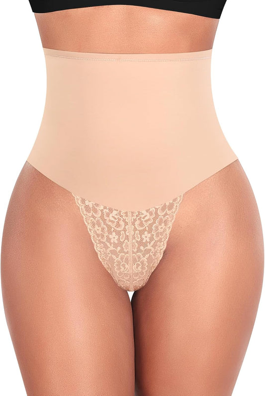 Tummy Control Thong Shapewear for Women Mid High Waisted Body Shaper Underwear Lace Shaping Thong Girdle Panties